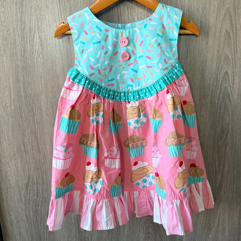 Eleanor Rose Cupcake Dress Girls 4-5 Pink Blue Sprinkle Ruffle Birthday Whimsy
